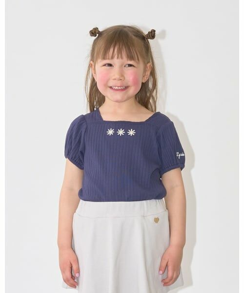 Lycee mine / リセマイン Tシャツ | スクエアネックパフスリーブアソート刺しゅうトップス（紺）