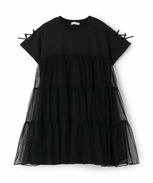 Lycee mine / リセマイン ミニ丈・ひざ丈ワンピース | 【綿100%】【シャーベットT】ティアードチュールTシャツワンピース(黒)