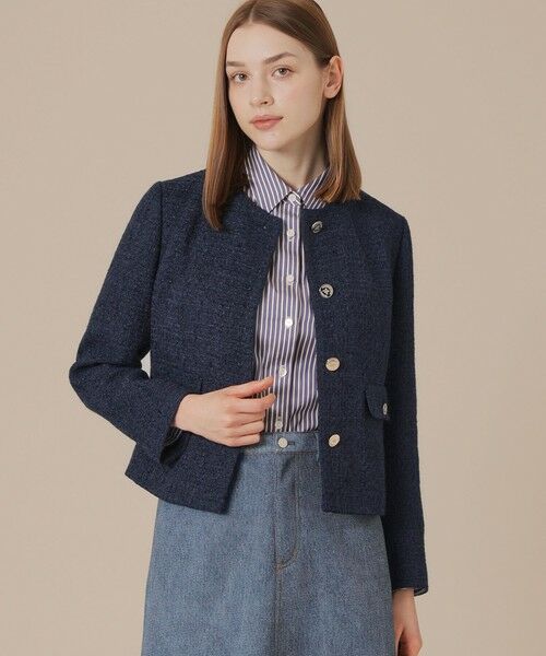 MACKINTOSH LONDON / マッキントッシュ ロンドン ノーカラージャケット | ベルベットヤーンツイードジャケット(ネイビー)