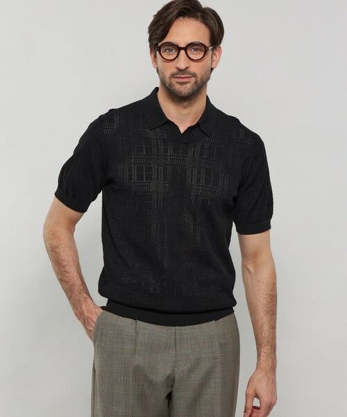 MACKINTOSH LONDON(MENS)/マッキントッシュ ロンドン メンズ ランダムアイレットスキッパーニットポロ ブラック LL MACKINTOSH LONDON(MENS)/マッキントッシュ ロンドン メンズ ランダムアイレットスキッパーニットポロ ブラック LL