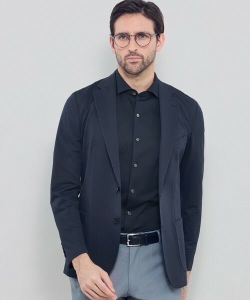 MACKINTOSH LONDON(MENS) / マッキントッシュ ロンドン 　メンズ ノーカラージャケット | 【FLEX JERSEY】ハウンドトゥースサッカージャージージャケット（ダークネイビー）