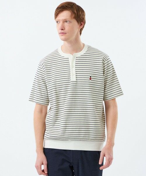 MACKINTOSH PHILOSOPHY(MENS) / マッキントッシュ フィロソフィー　メンズ カットソー | BUCKINGHAM BEAR ヘンリーネックTシャツ サーフニットボーダー（オフホワイト2）