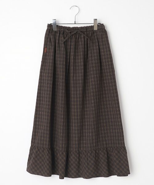 Mademoiselle NON NON / マドモアゼルノンノン ロング・マキシ丈スカート | スーピマタイプライターチェックダブルワッシャー　ギャザースカート【ウエストゴム】（ダークブラウン系）