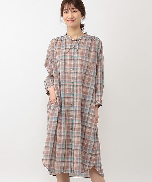 Mademoiselle NON NON / マドモアゼルノンノン ミニ丈・ひざ丈ワンピース | コットン/ポリエステルローンソフトサッカーチェック　スキッパーカラーリボンワンピース【9分袖】 | 詳細2