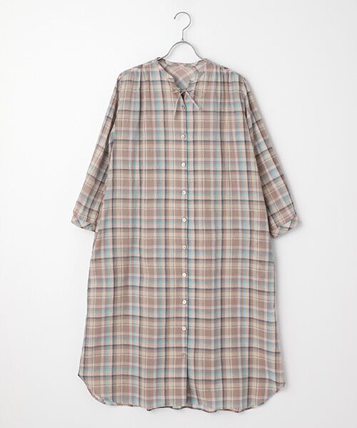 Mademoiselle NON NON / マドモアゼルノンノン ミニ丈・ひざ丈ワンピース | コットン/ポリエステルローンソフトサッカーチェック　スキッパーカラーリボンワンピース【9分袖】（ベージュ系）