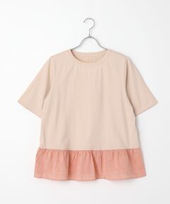 Mademoiselle NON NON / マドモアゼルノンノン Tシャツ | 超長綿天竺×綿麻シャンブレー　クルーネック裾切り替えフリルTシャツ【5分袖】