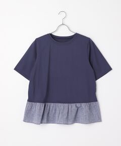 Mademoiselle NON NON / マドモアゼルノンノン Tシャツ | 超長綿天竺×綿麻シャンブレー　クルーネック裾切り替えフリルTシャツ【5分袖】