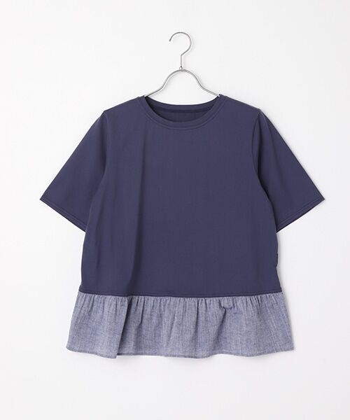Mademoiselle NON NON / マドモアゼルノンノン Tシャツ | 超長綿天竺×綿麻シャンブレー　クルーネック裾切り替えフリルTシャツ【5分袖】（ダークブルー）