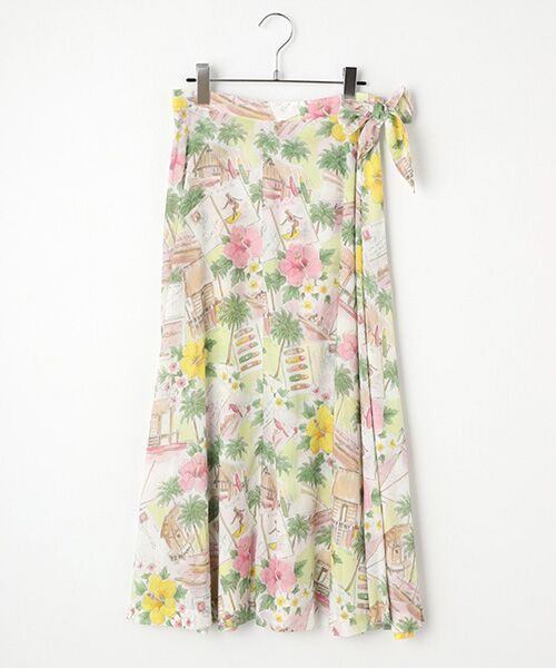 Mademoiselle NON NON / マドモアゼルノンノン ロング・マキシ丈スカート | レーヨンプリント　巻きフレアースカート【HAWAIIAN DAYS】（ピンク×ライム）