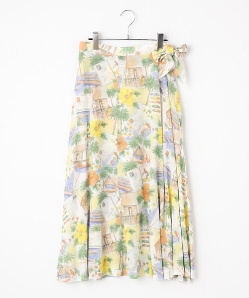 Mademoiselle NON NON / マドモアゼルノンノン ロング・マキシ丈スカート | レーヨンプリント　巻きフレアースカート【HAWAIIAN DAYS】（イエロー×ブルー）