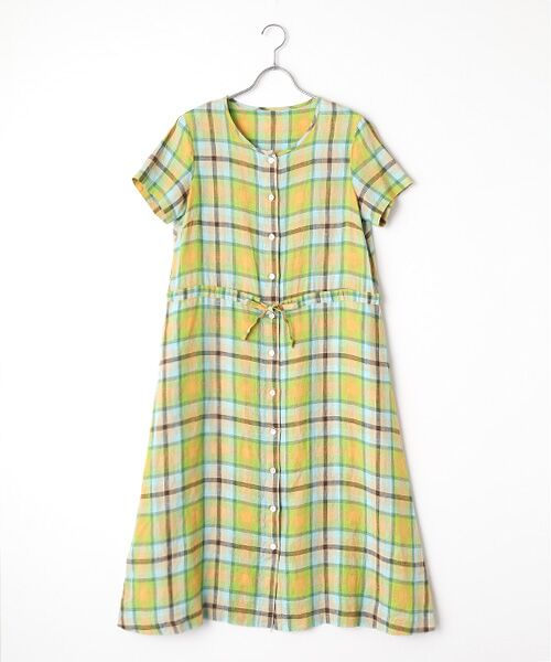 Mademoiselle NON NON / マドモアゼルノンノン ロング・マキシ丈ワンピース | リネンポプリンルポワン染チェックCC加工 ノーカラーワンピース（グリーン系）