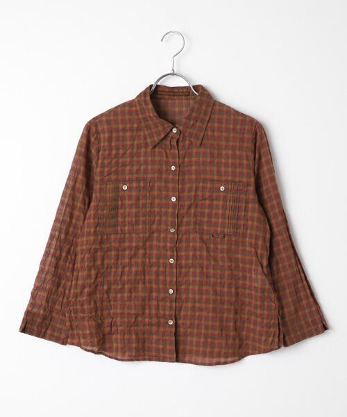 Mademoiselle NON NON / マドモアゼルノンノン シャツ・ブラウス | ローンシャーリングギンガムストライプ　ブラウス【8分袖】（アカ系ギンガム）