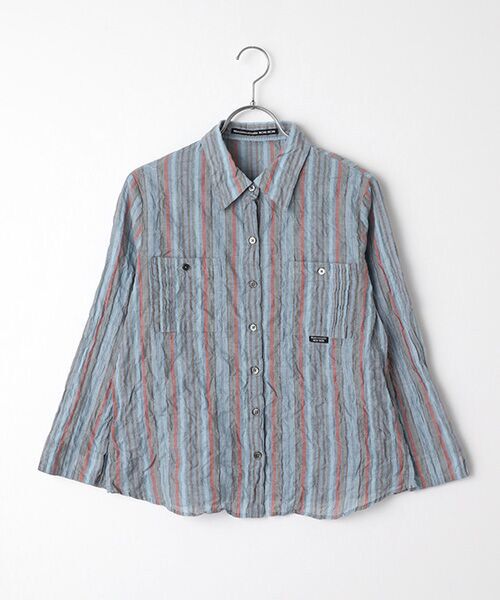 Mademoiselle NON NON / マドモアゼルノンノン シャツ・ブラウス | ローンシャーリングギンガムストライプ　ブラウス【8分袖】（インディゴブルー×ブラウン系ストライプ）