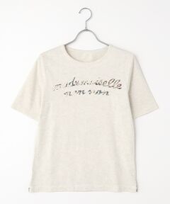 コンパクトヤーン天竺エアロシフォン加工　クルーネックアップリケ刺繍Tシャツ【5分袖】