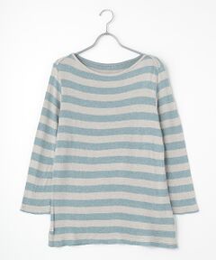 綿麻撚杢ボーダー　ボートネックTシャツ【8分袖】