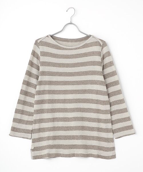 Mademoiselle NON NON / マドモアゼルノンノン Tシャツ | 綿麻撚杢ボーダー　ボートネックTシャツ【8分袖】（ブラウン×ベージュ）