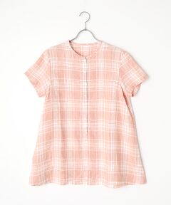 Mademoiselle NON NON / マドモアゼルノンノン シャツ・ブラウス | リネン平織りルポワンチェックCC加工　ノーカラー半袖チュニック