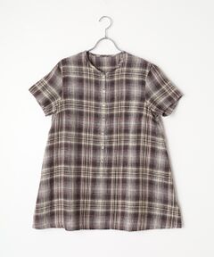 Mademoiselle NON NON / マドモアゼルノンノン シャツ・ブラウス | リネン平織りルポワンチェックCC加工　ノーカラー半袖チュニック