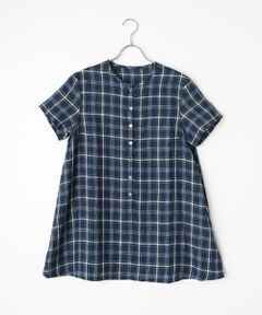 Mademoiselle NON NON / マドモアゼルノンノン シャツ・ブラウス | リネン平織りルポワンチェックCC加工　ノーカラー半袖チュニック