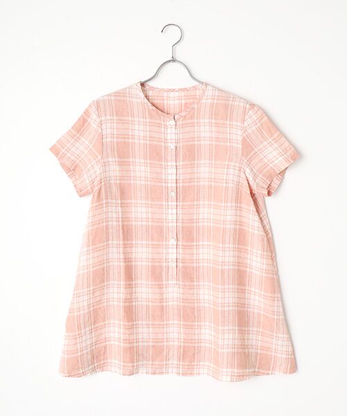 Mademoiselle NON NON / マドモアゼルノンノン シャツ・ブラウス | リネン平織りルポワンチェックCC加工　ノーカラー半袖チュニック（ピンク系）