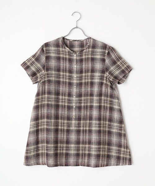 Mademoiselle NON NON / マドモアゼルノンノン シャツ・ブラウス | リネン平織りルポワンチェックCC加工　ノーカラー半袖チュニック（ブラウン系）