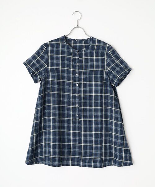 Mademoiselle NON NON / マドモアゼルノンノン シャツ・ブラウス | リネン平織りルポワンチェックCC加工　ノーカラー半袖チュニック（ダークネイビー系）