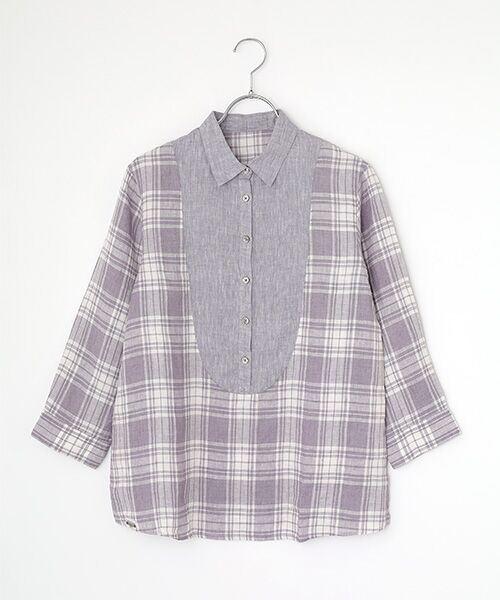 Mademoiselle NON NON / マドモアゼルノンノン シャツ・ブラウス | 【60th Anniversary Collection】リネン平織りルポワンチェックCC加工　別布切り替えブラウス【8分袖】（パープル系）