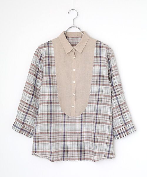 Mademoiselle NON NON / マドモアゼルノンノン シャツ・ブラウス | 【60th Anniversary Collection】リネン平織りルポワンチェックCC加工　別布切り替えブラウス【8分袖】（オフ×ネイビー）