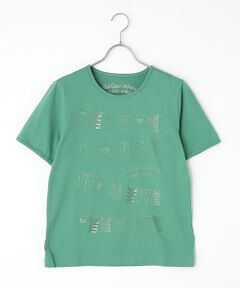 コンパクトヤーン天竺エアロシフォン加工　クルーネックスパンコール刺繍Tシャツ