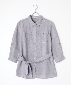 Mademoiselle NON NON / マドモアゼルノンノン シャツ・ブラウス | リネンシャンブレー 反応＆中白染 サファリシャツ[8分袖]