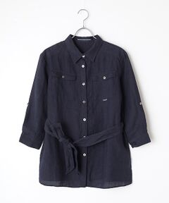 Mademoiselle NON NON / マドモアゼルノンノン シャツ・ブラウス | リネンシャンブレー 反応＆中白染 サファリシャツ[8分袖]