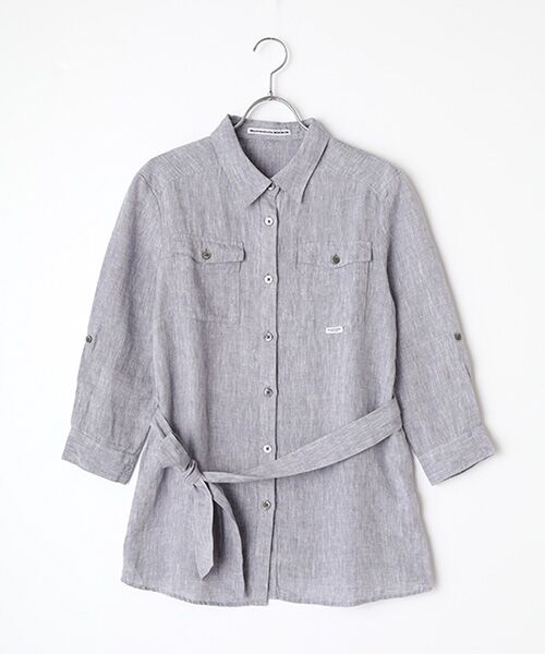 Mademoiselle NON NON / マドモアゼルノンノン シャツ・ブラウス | リネンシャンブレー 反応＆中白染 サファリシャツ[8分袖]（パープルグレー）