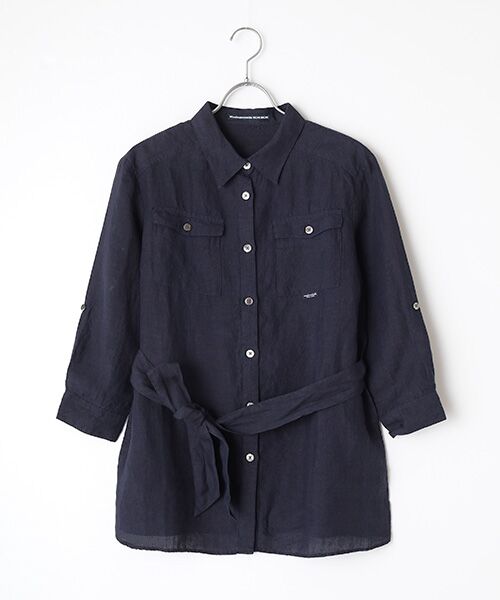 Mademoiselle NON NON / マドモアゼルノンノン シャツ・ブラウス | リネンシャンブレー 反応＆中白染 サファリシャツ[8分袖]（ダークネイビー）