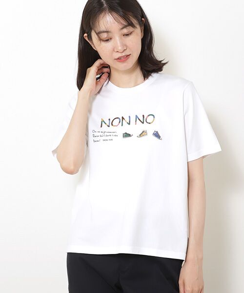 Mademoiselle NON NON / マドモアゼルノンノン Tシャツ | 40/2トルコオーガニック天竺　クルーネック半袖Tシャツ【NON NOロゴ+スニーカーモチーフ】 | 詳細2