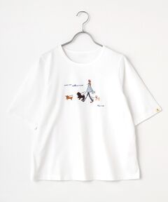 40/2トルコオーガニック天竺　クルーネックAラインTシャツ【5分袖】【犬の散歩の風景】