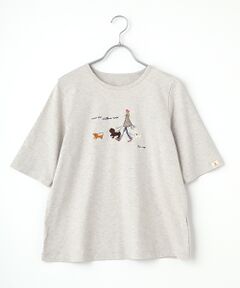 40/2トルコオーガニック天竺　クルーネックAラインTシャツ【5分袖】【犬の散歩の風景】