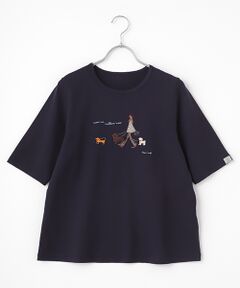 40/2トルコオーガニック天竺　クルーネックAラインTシャツ【5分袖】【犬の散歩の風景】