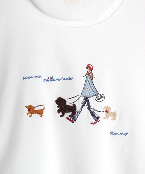 Mademoiselle NON NON / マドモアゼルノンノン Tシャツ | 40/2トルコオーガニック天竺　クルーネックAラインTシャツ【5分袖】【犬の散歩の風景】 | 詳細1