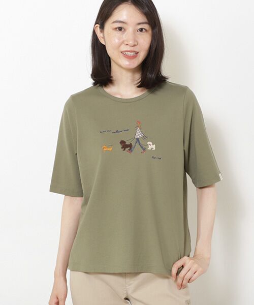 Mademoiselle NON NON / マドモアゼルノンノン Tシャツ | 40/2トルコオーガニック天竺　クルーネックAラインTシャツ【5分袖】【犬の散歩の風景】 | 詳細15