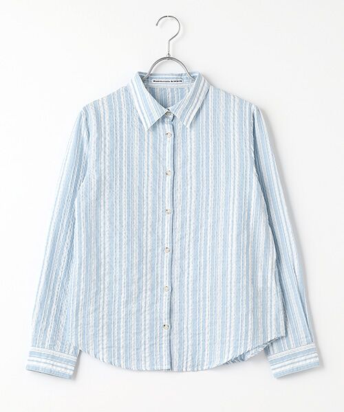 Mademoiselle NON NON / マドモアゼルノンノン シャツ・ブラウス | コットンシャーリングツイルストライプ  長袖シャツ（サックス系）