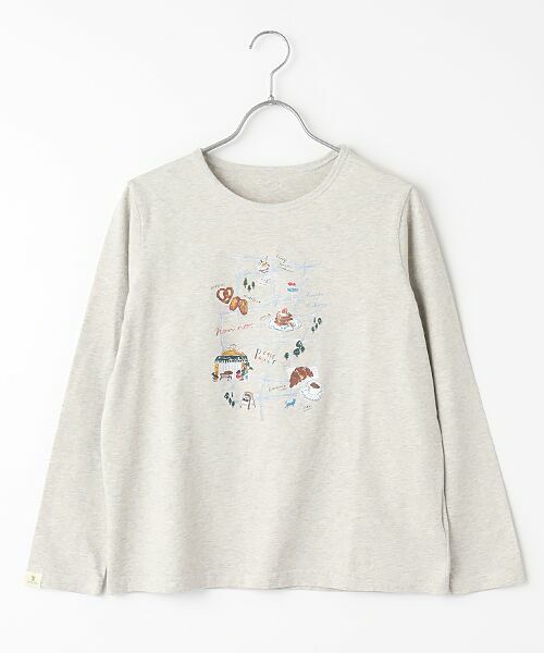Mademoiselle NON NON/マドモアゼルノンノン トルコオーガニック天竺 CAFE MAPプリント長袖Tシャツ TOPライトグレー L Mademoiselle NON NON/マドモアゼルノンノン トルコオーガニック天竺 CAFE MAPプリント長袖Tシャツ TOPライトグレー L