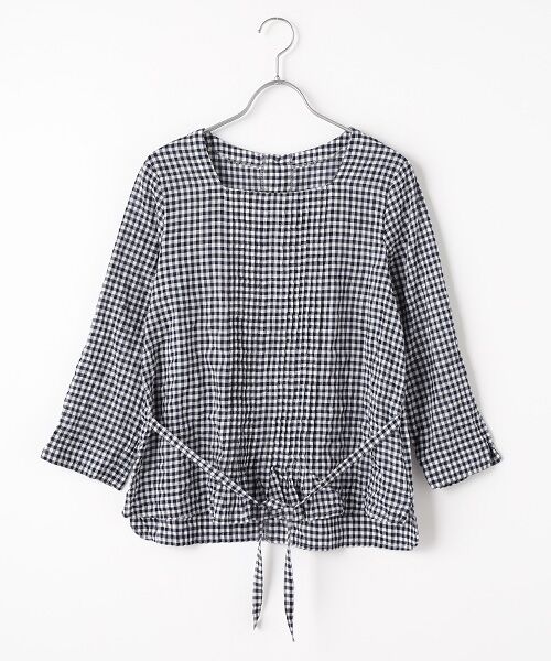 Mademoiselle NON NON/マドモアゼルノンノン シャーリングソフトワッシャー スクエアノーネックブラウス ネイビーギンガム L Mademoiselle NON NON/マドモアゼルノンノン シャーリングソフトワッシャー スクエアノーネックブラウス ネイビーギンガム L