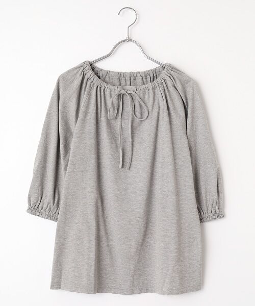 Mademoiselle NON NON / マドモアゼルノンノン Tシャツ | コンパクトヤーンエアロシフォン加工 共紐リボン付きギャザーカットソー（ＴＯＰグレー）