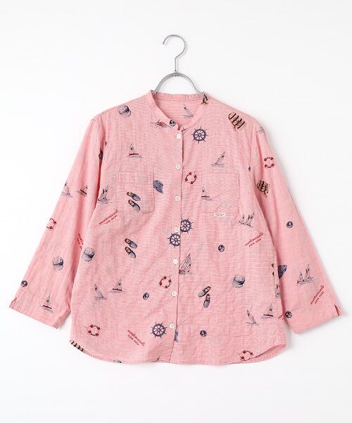 Mademoiselle NON NON/マドモアゼルノンノン シャーリングローンプリント MARINE柄バンドカラーシャツ アカ M Mademoiselle NON NON/マドモアゼルノンノン シャーリングローンプリント MARINE柄バンドカラーシャツ アカ M