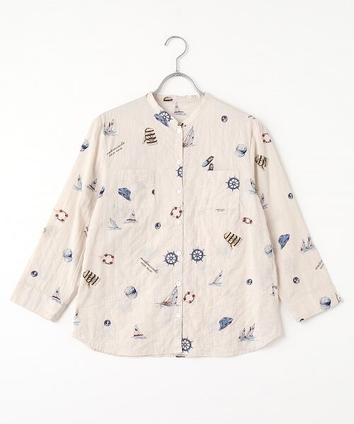 Mademoiselle NON NON/マドモアゼルノンノン シャーリングローンプリント MARINE柄バンドカラーシャツ ベージュ L Mademoiselle NON NON/マドモアゼルノンノン シャーリングローンプリント MARINE柄バンドカラーシャツ ベージュ L