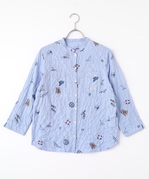 Mademoiselle NON NON/マドモアゼルノンノン シャーリングローンプリント MARINE柄バンドカラーシャツ サックスブルー M Mademoiselle NON NON/マドモアゼルノンノン シャーリングローンプリント MARINE柄バンドカラーシャツ サックスブルー M