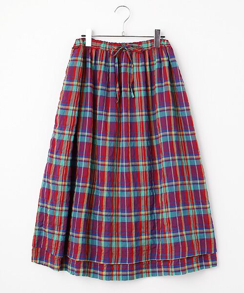 Mademoiselle NON NON / マドモアゼルノンノン ロング・マキシ丈ワンピース | シャーリングワッシャー チェック2段重ねスカート（アカ系チェック）