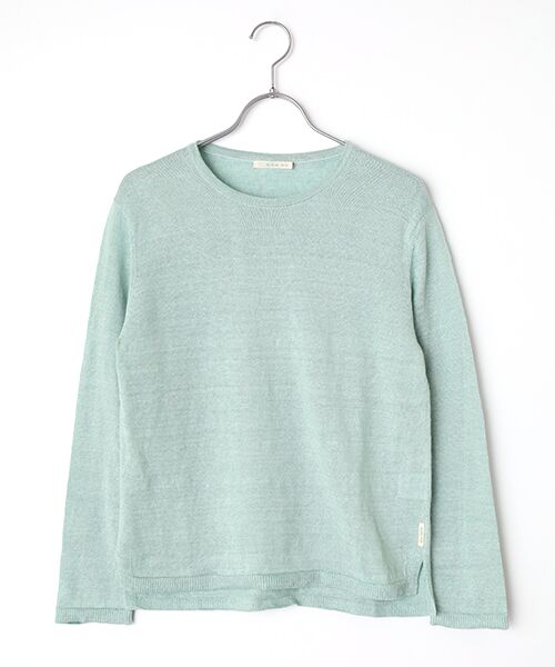 Mademoiselle NON NON / マドモアゼルノンノン ニット・セーター | リネンボーダー＆ムジ クルーネックニットプルオーバー（ミントブルー）