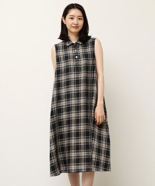 セール】 ルポワン染チェックCC加工 リネンワンピース （ロング