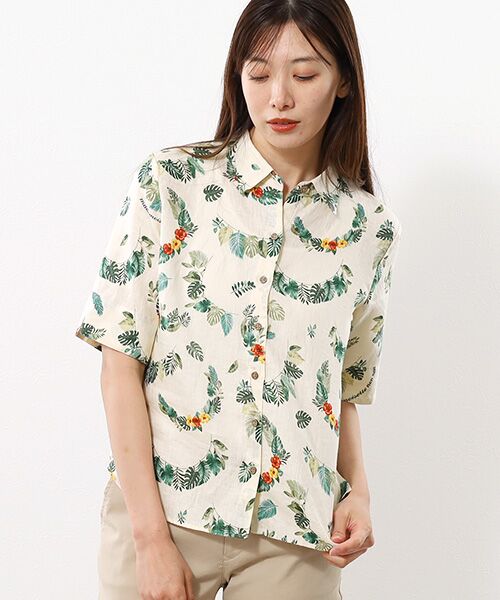 Mademoiselle NON NON / マドモアゼルノンノン シャツ・ブラウス | リネンプリント ボタニカルハーフレイ柄 5分袖シャツ | 詳細2